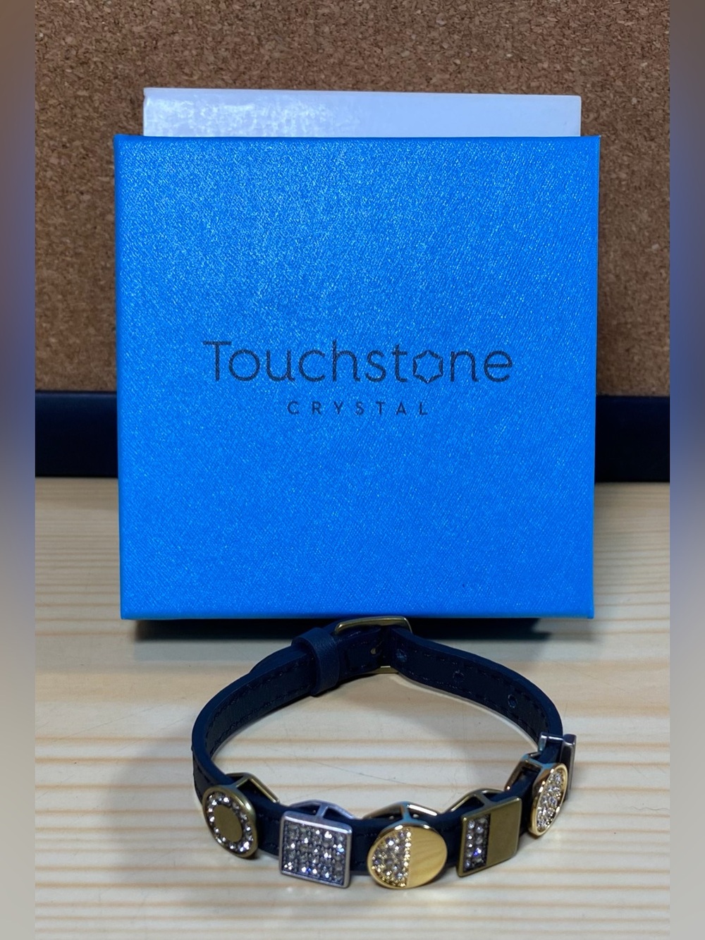 Touchstone Crystal Halftime Buckle Bracelet Box Sleeve Black Leather Band EUC